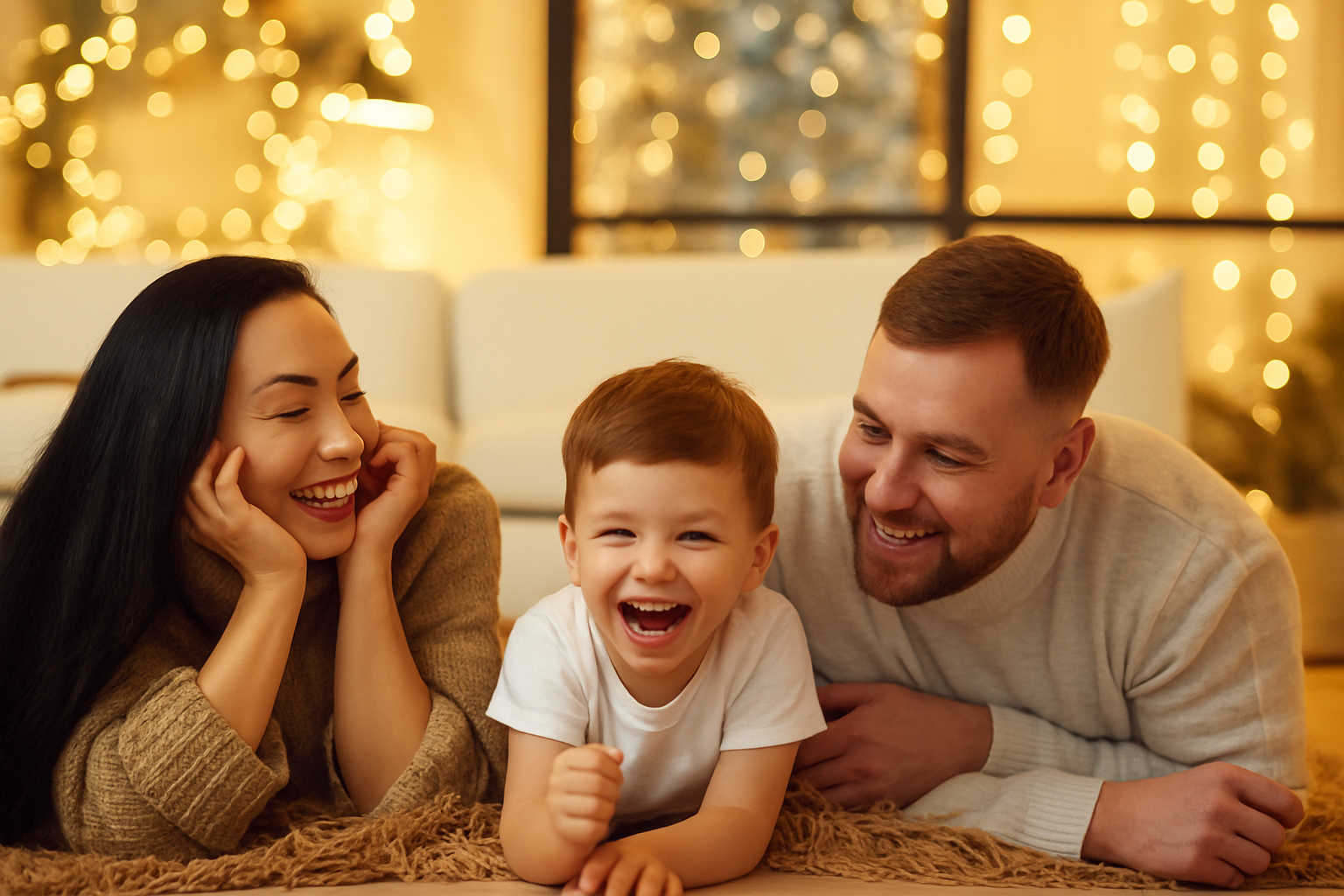Happy family of three - mother, father and child - smiling and laughing together in their warm, comfortable home